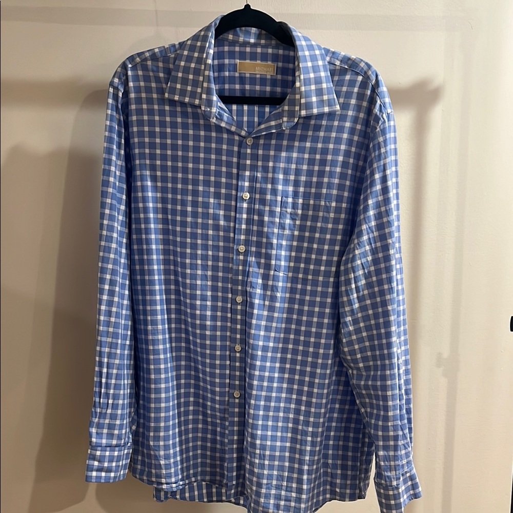 Michael Michael Kors Blue & White Gingham Dress Shirt 17 34/35 Long Sleeve
